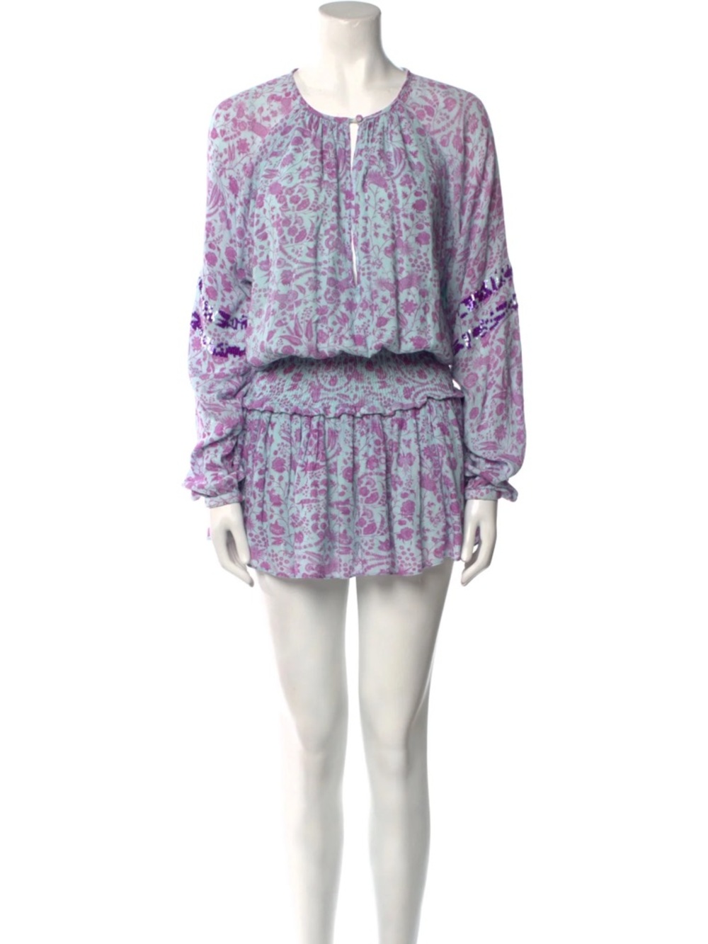 Hemant & Nandita Blue Purple Floral Sequin Smocked Long Sleeve Mini